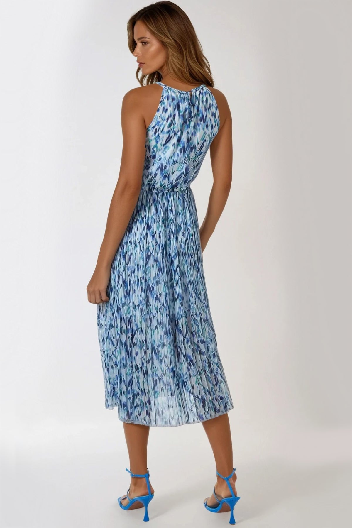 Blue Abstract Print Halterneck Midi Dress