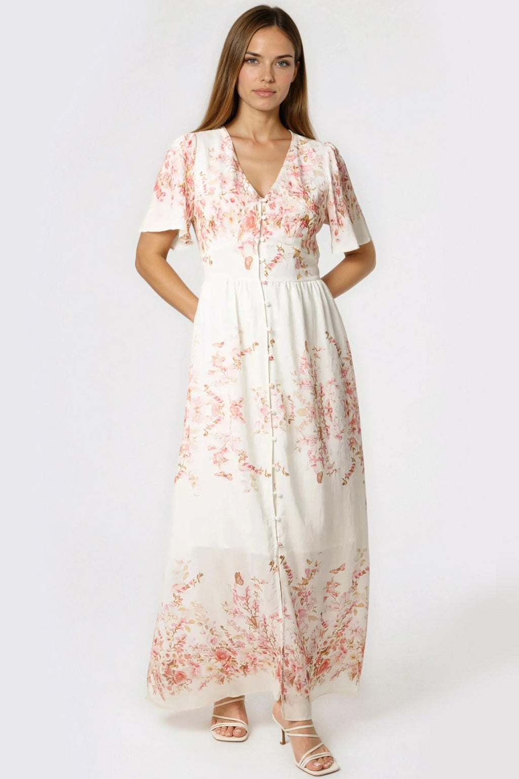 Pink Blossom  Button Through Cotton Maxi Dress-0