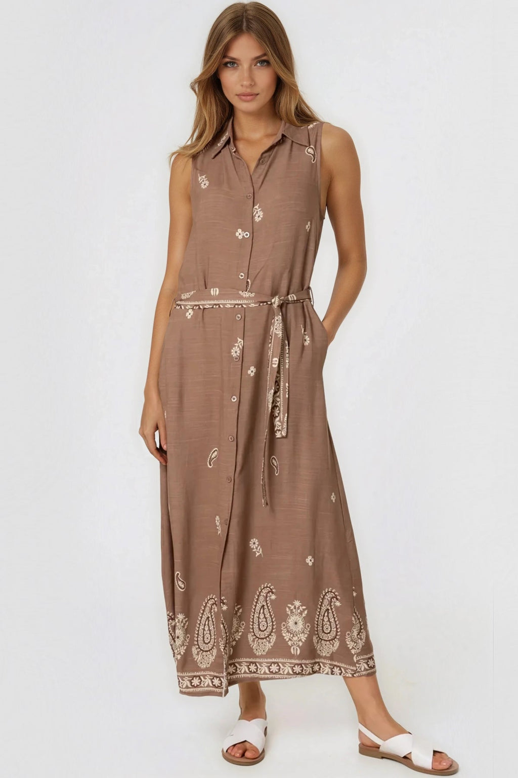 Brown Embroidered Buttoned Front Maxi Dress-0