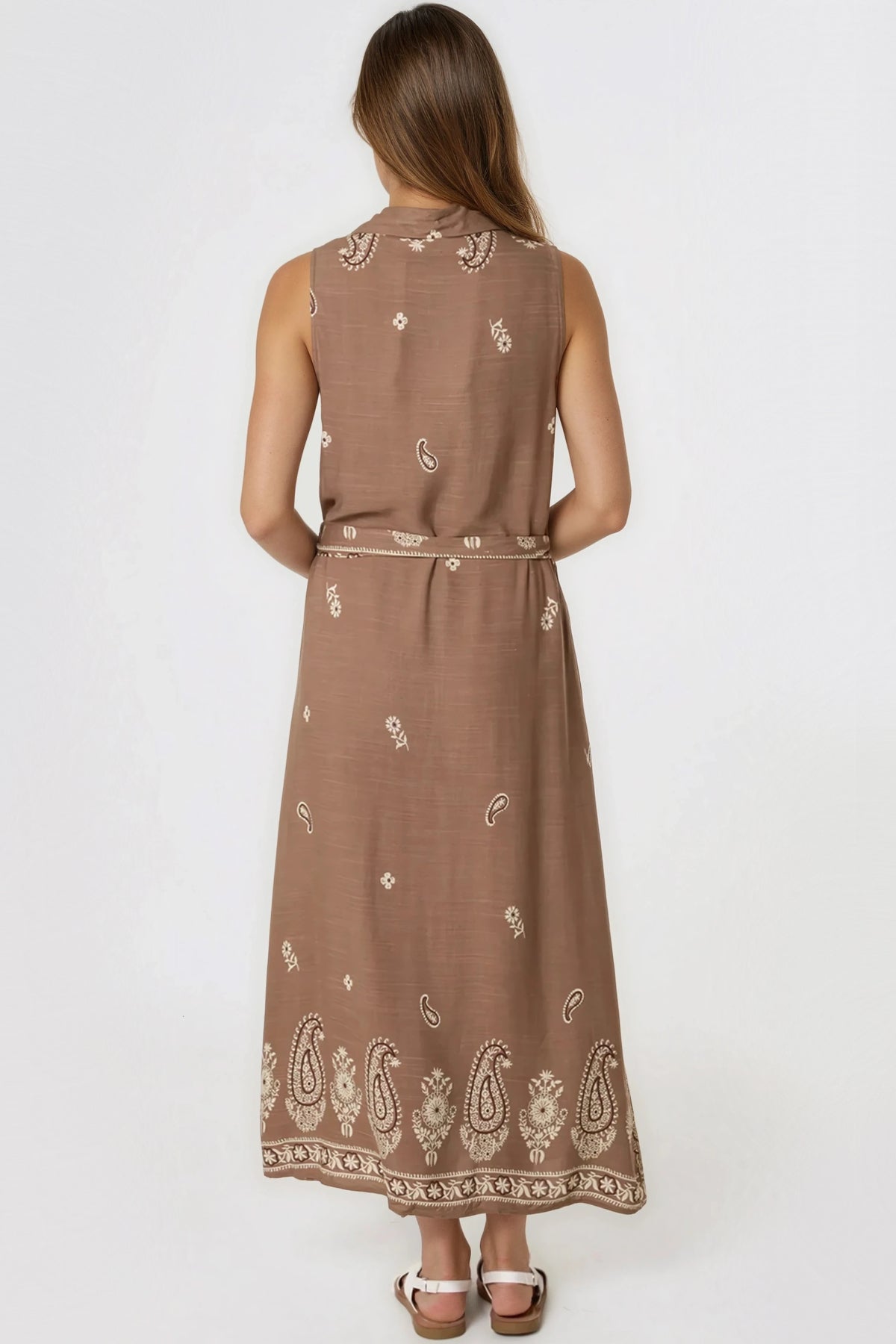 Brown Embroidered Buttoned Front Maxi Dress-2