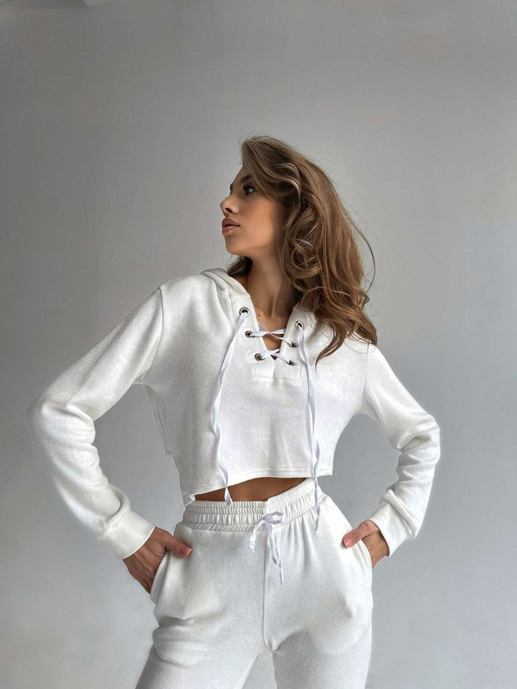 bridal white cropped hoodie set women