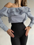 One-Shoulder Ruffle Blouse | Blue & White Stripe Asymmetric Top | GLOWSYOU-10