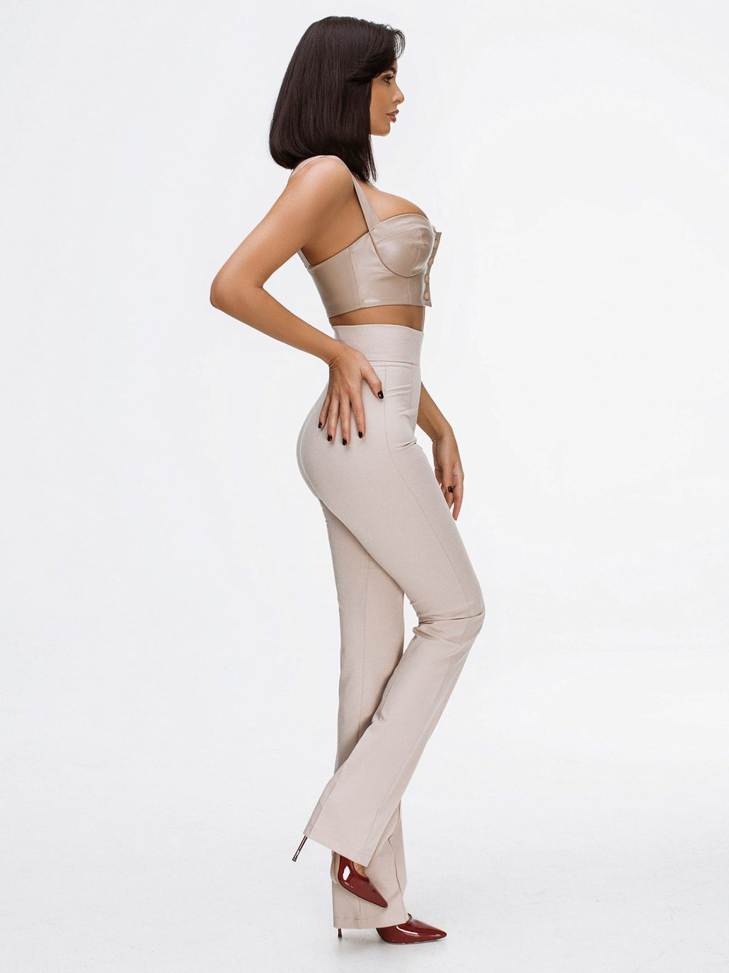 beige trousers with high-waist beige high waist wide leg tailored trousers