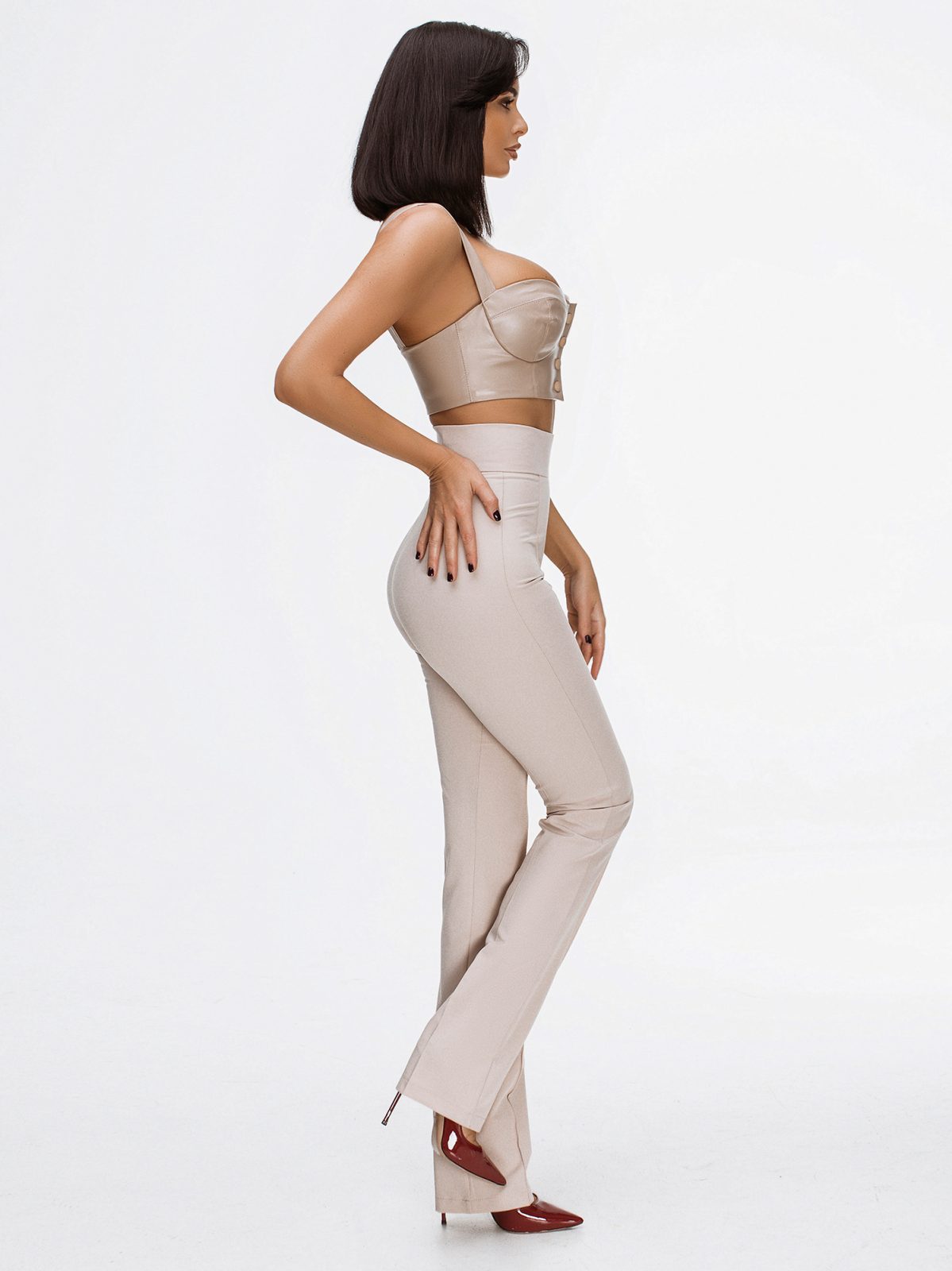 beige trousers with high-waist beige high waist wide leg tailored trousers