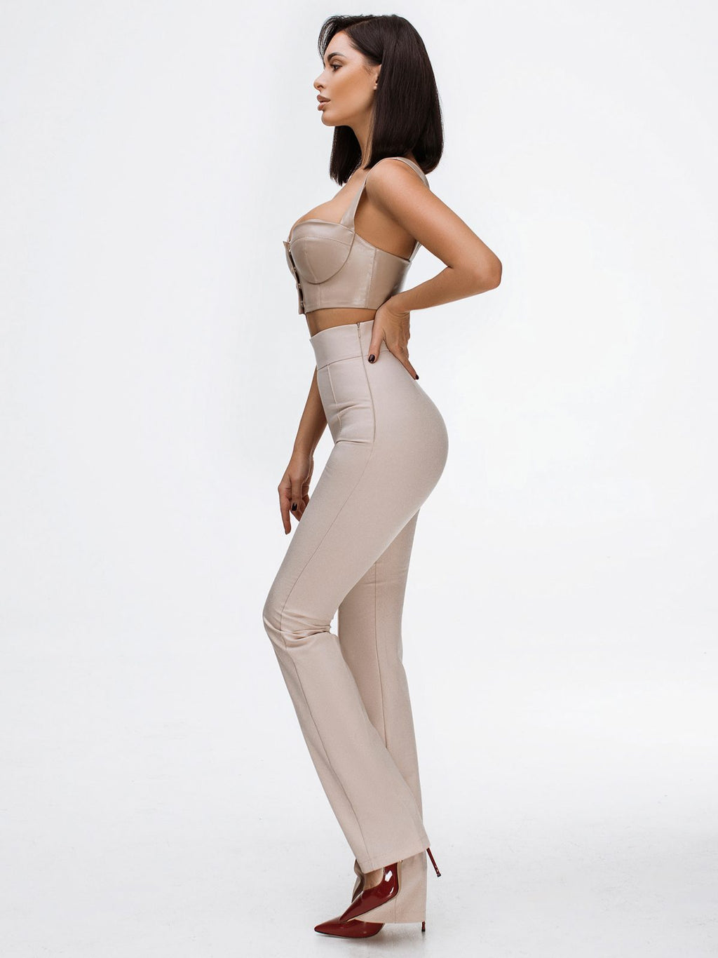Side view of one-shoulder long sleeve top in blue and white stripe — sizes XXS to M