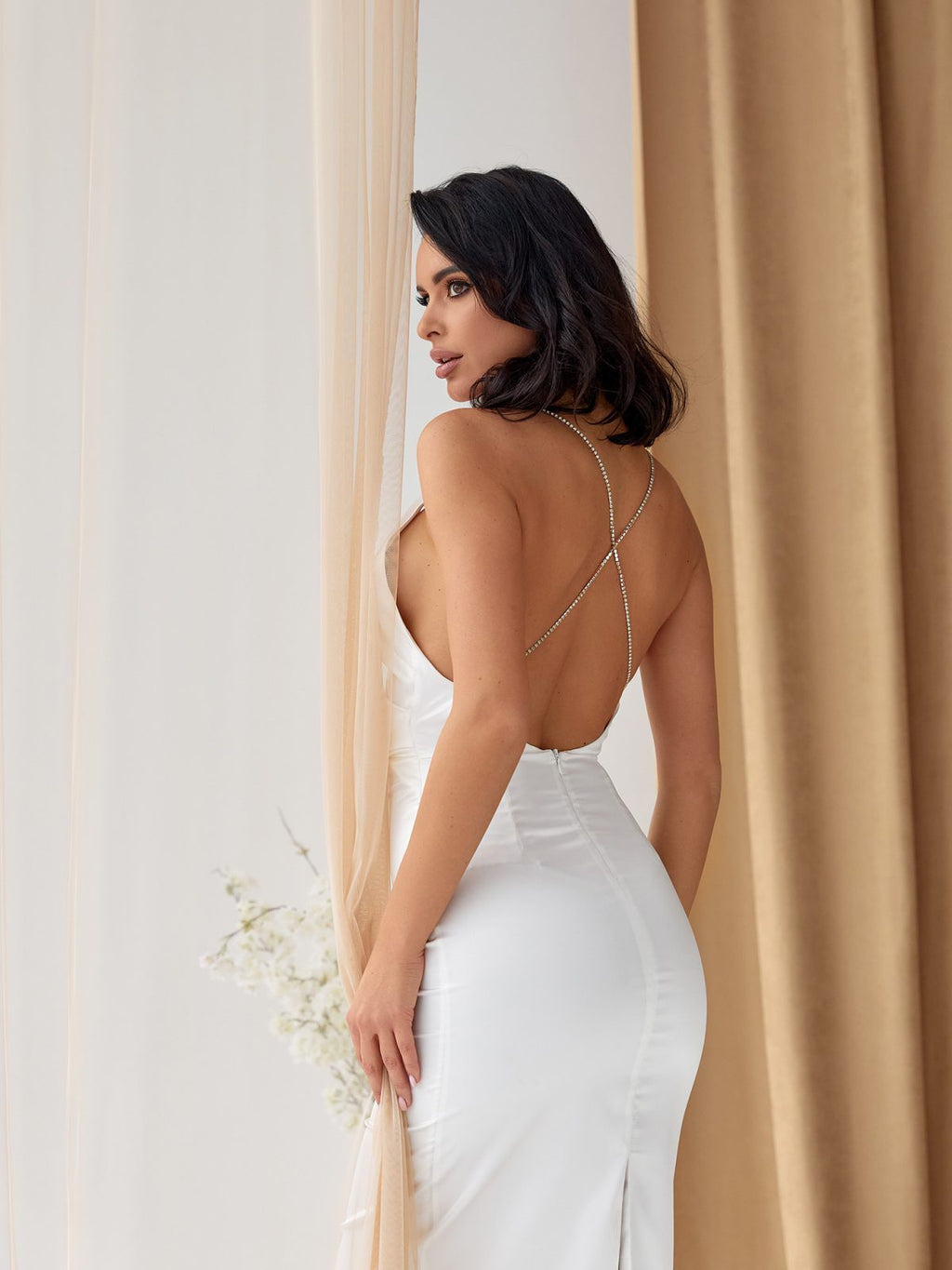 Coral Midi Dress Women | V-Neck Open Back Satin Straps | GLOWSYOU-19
