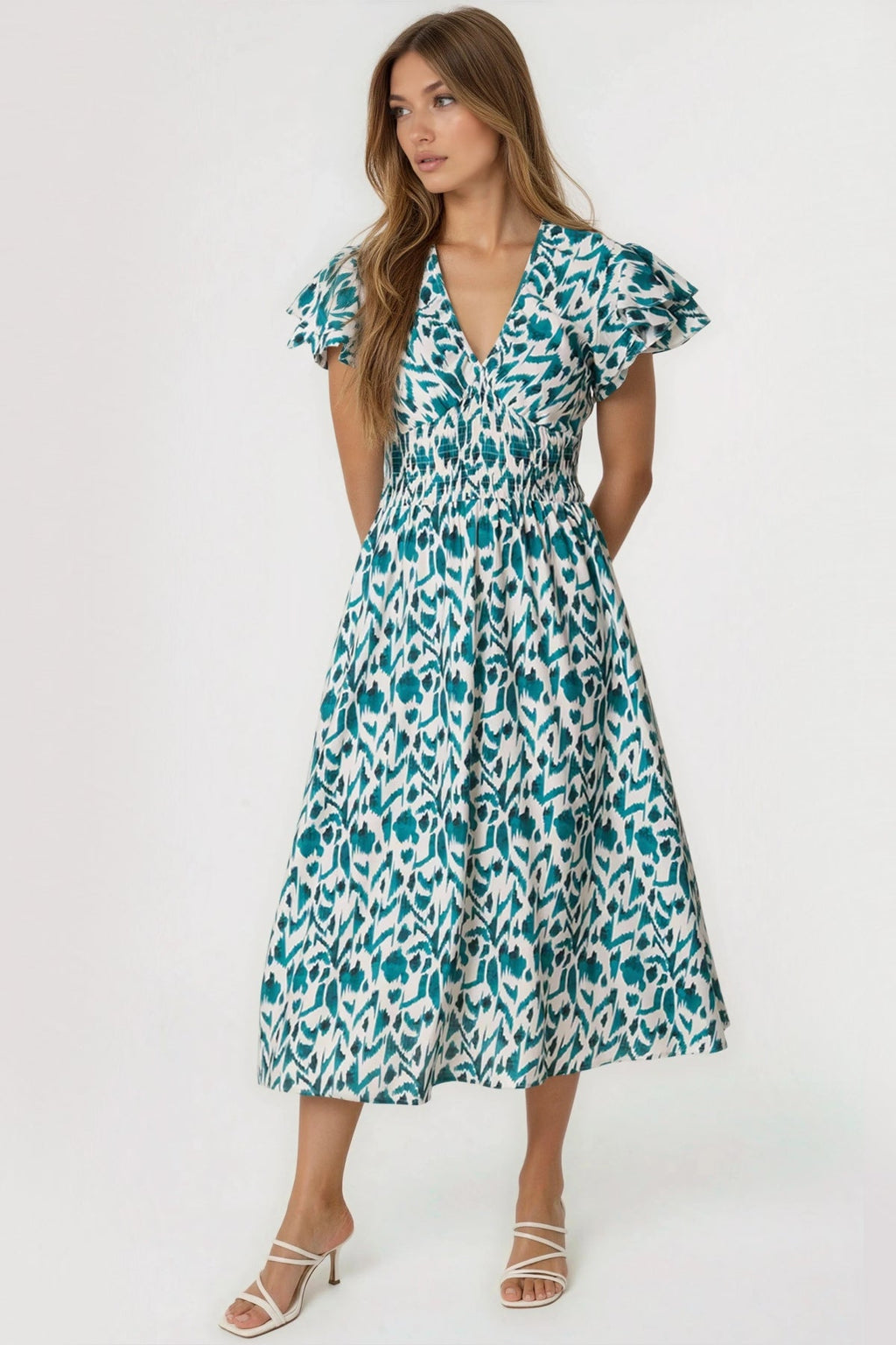 Teal Ikat Print Shirred V-Neck Midi Dress-0