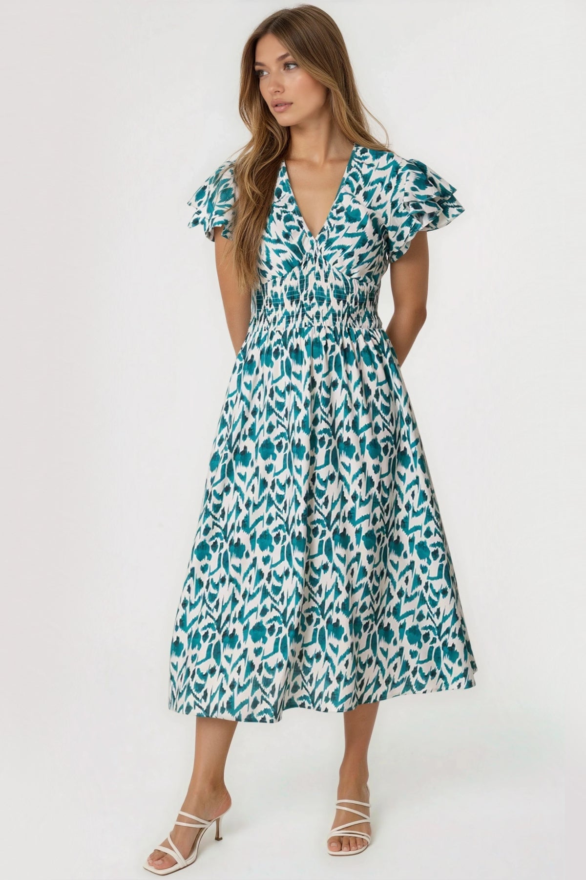 Teal Ikat Print Shirred V-Neck Midi Dress-0