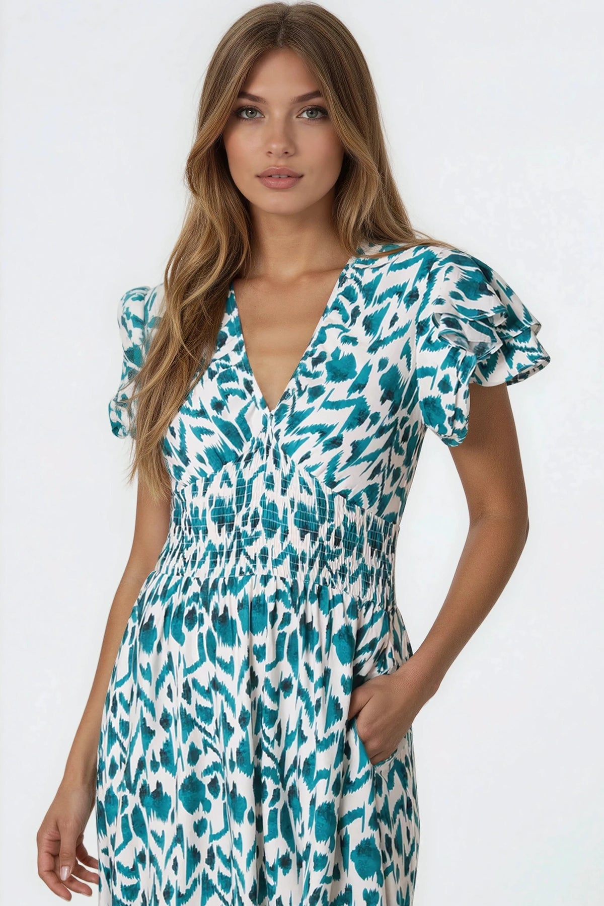 Teal Ikat Print Shirred V-Neck Midi Dress-1