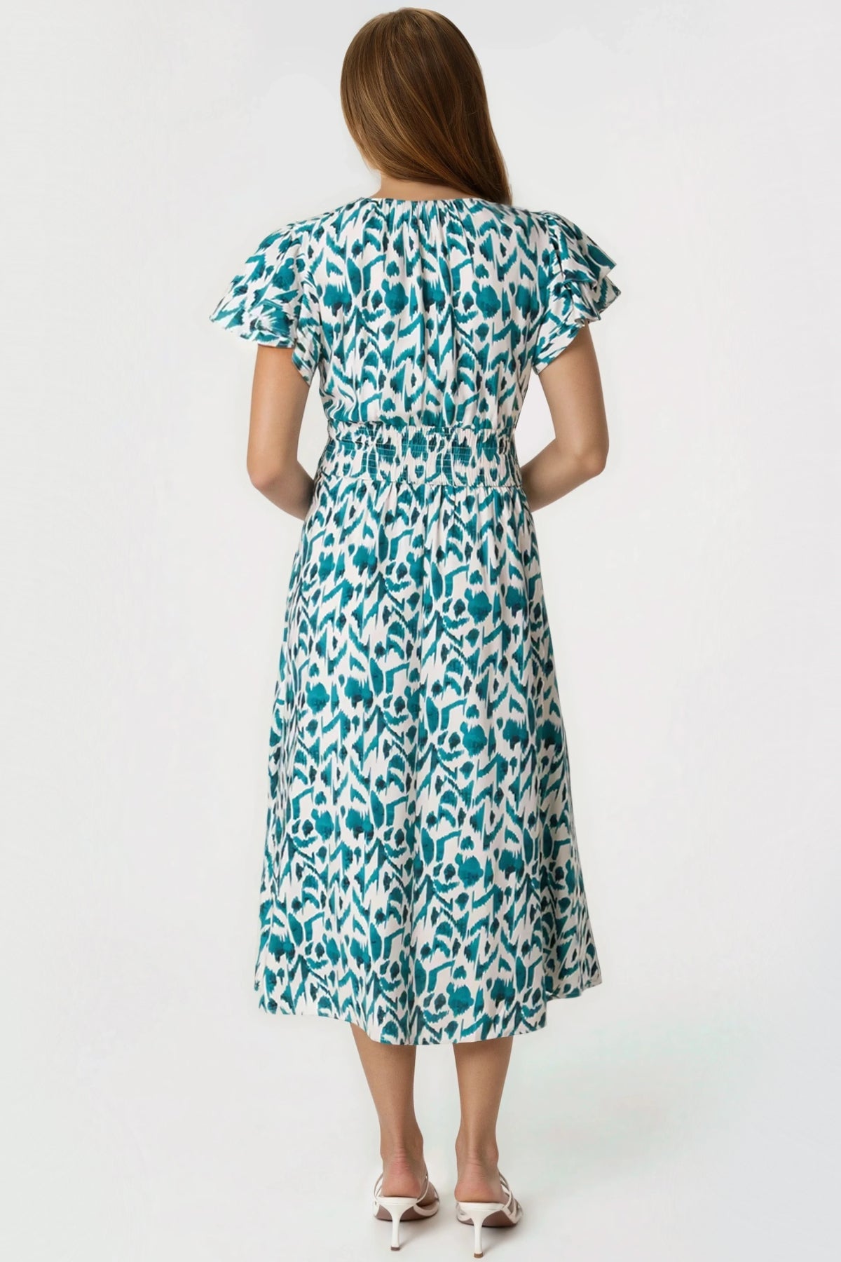 Teal Ikat Print Shirred V-Neck Midi Dress-2
