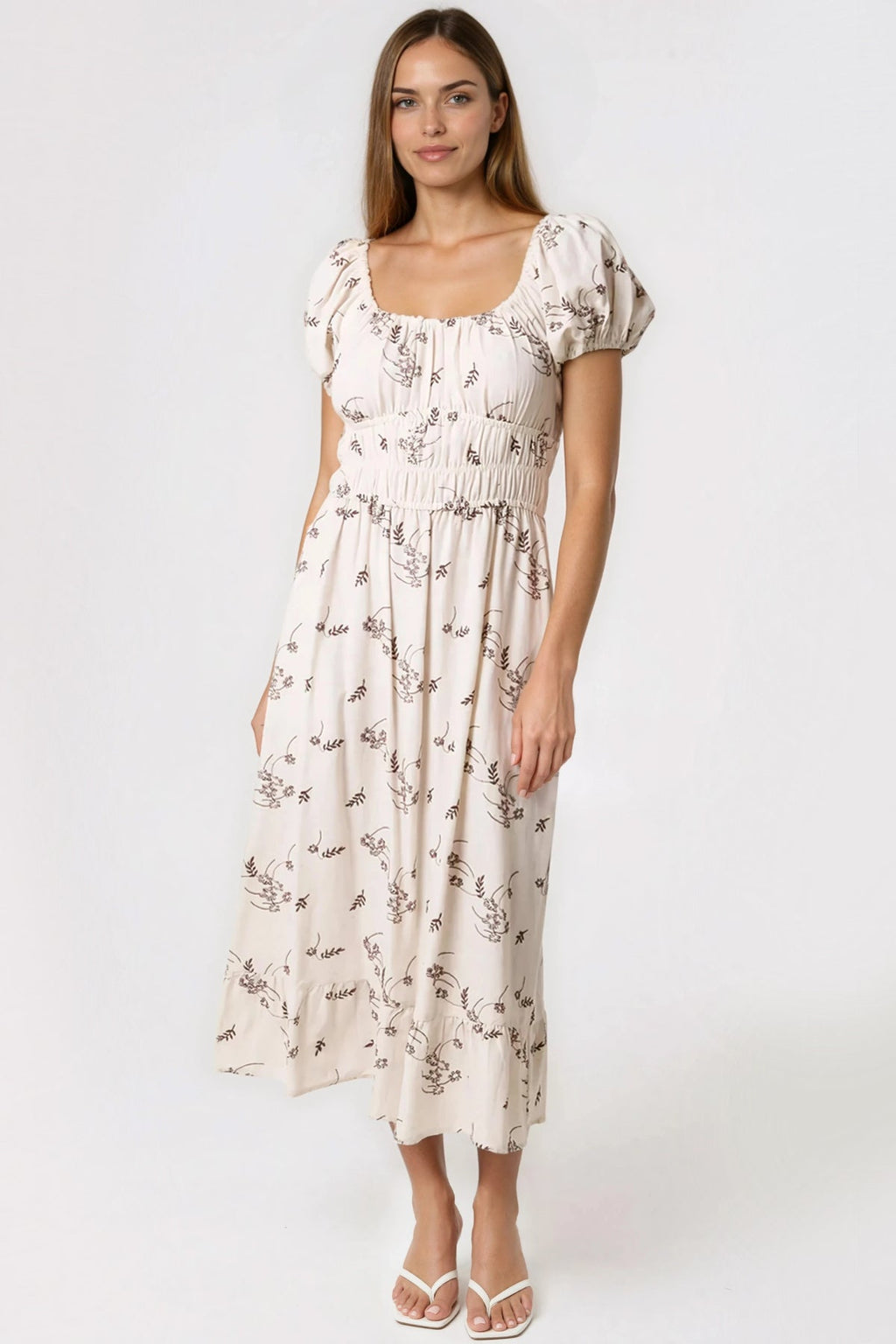 Beige Embroidered Milkmaid Midi Dress-0