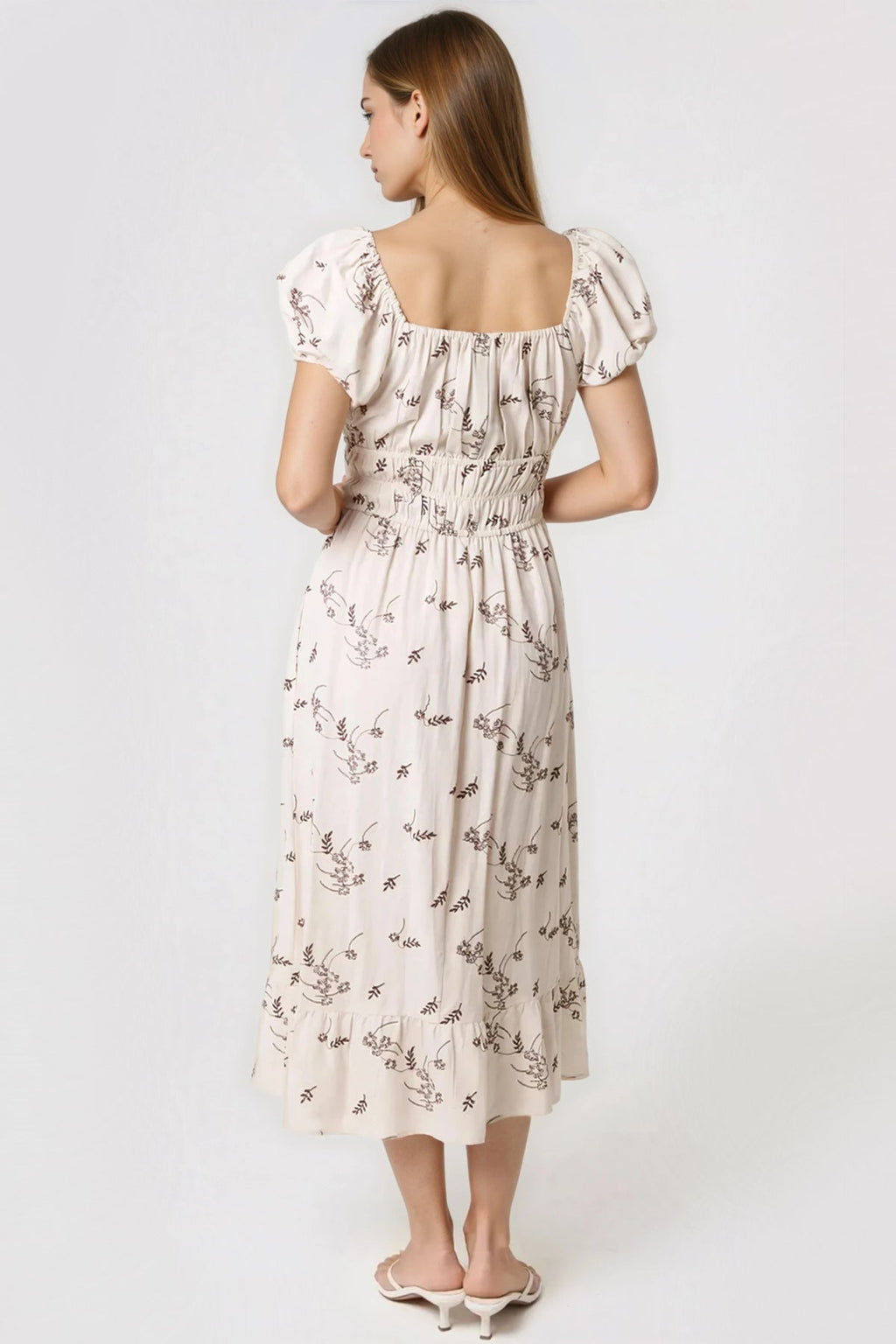 Beige Embroidered Milkmaid Midi Dress-2