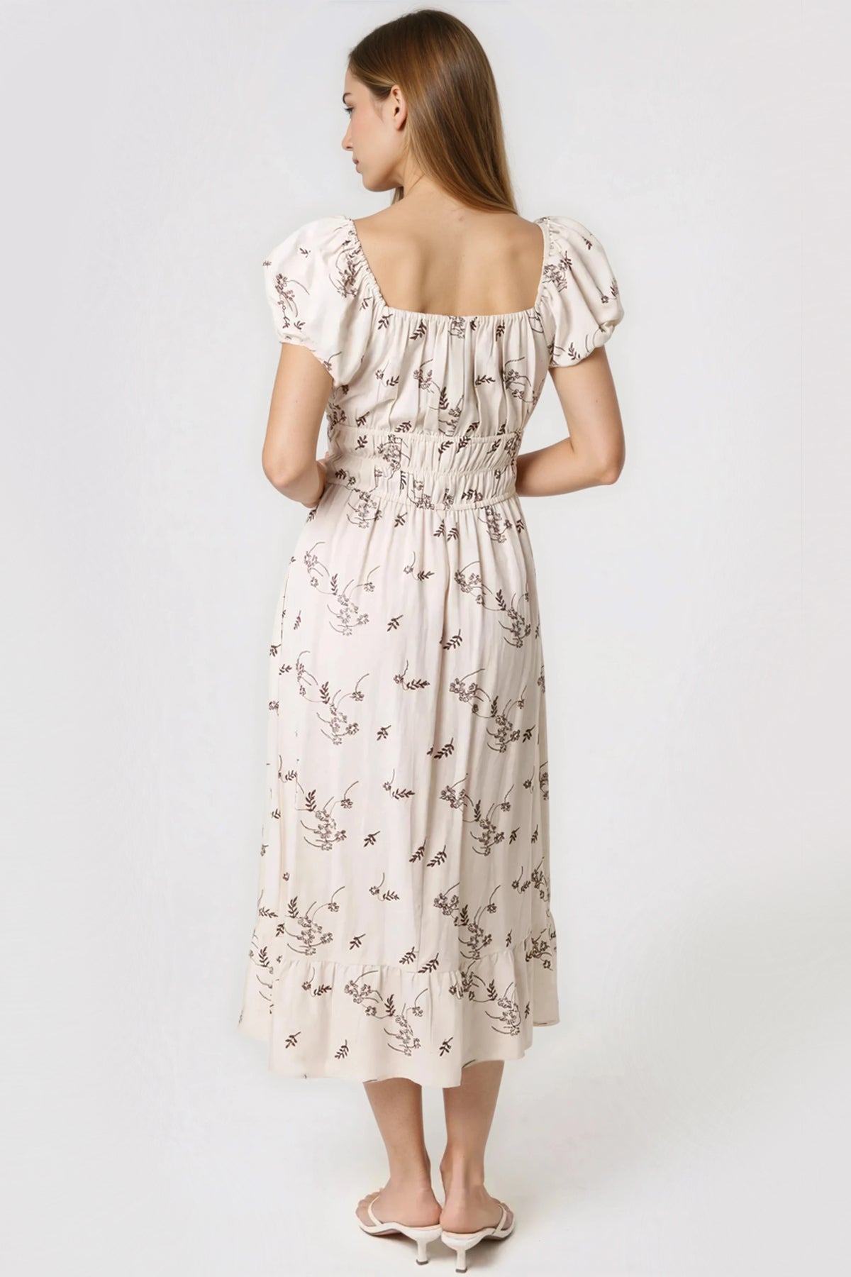 Beige Embroidered Milkmaid Midi Dress-2