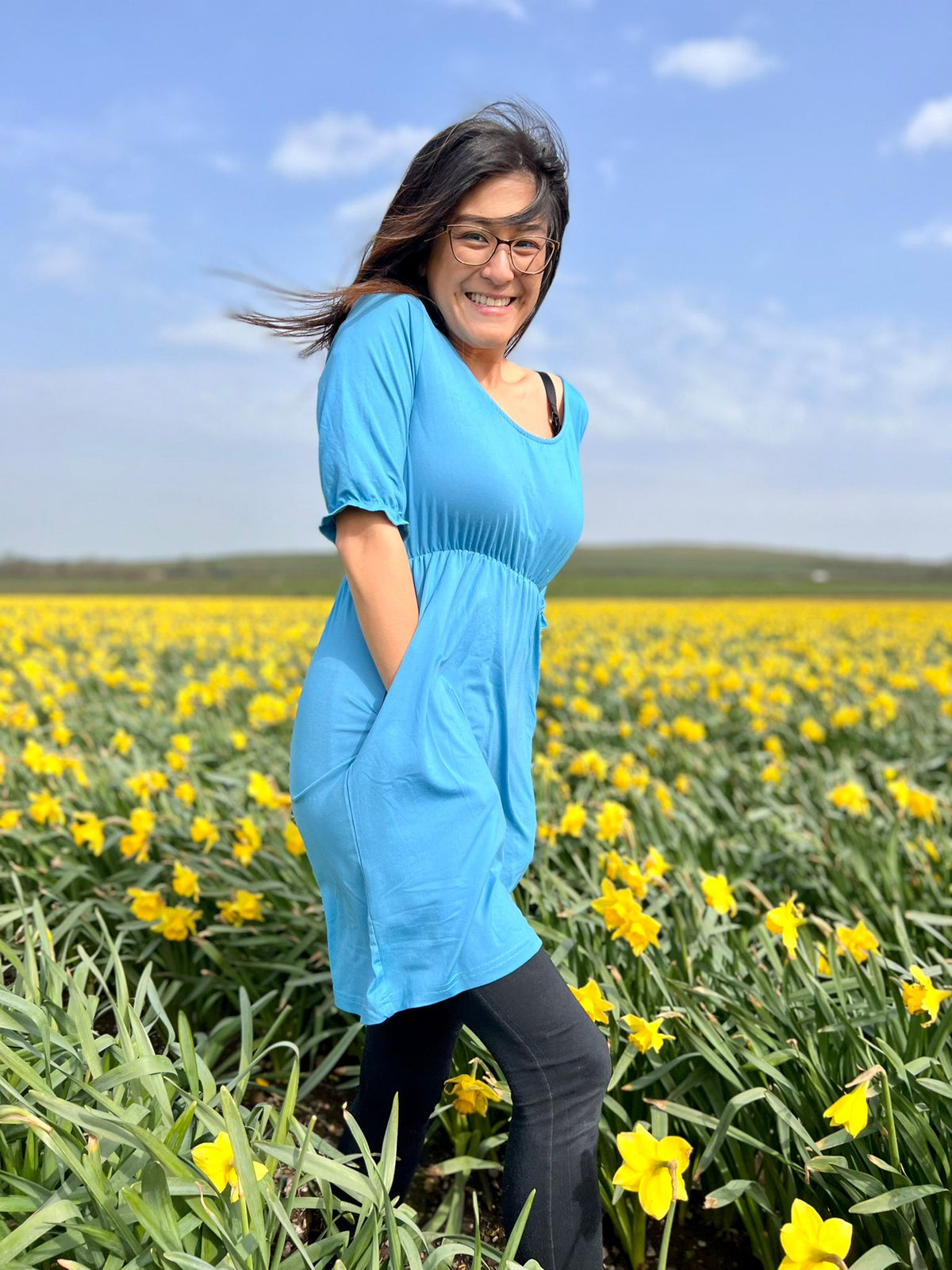 Blue Dress – Flattering Waist Fit with Pockets | Petite Dress-4